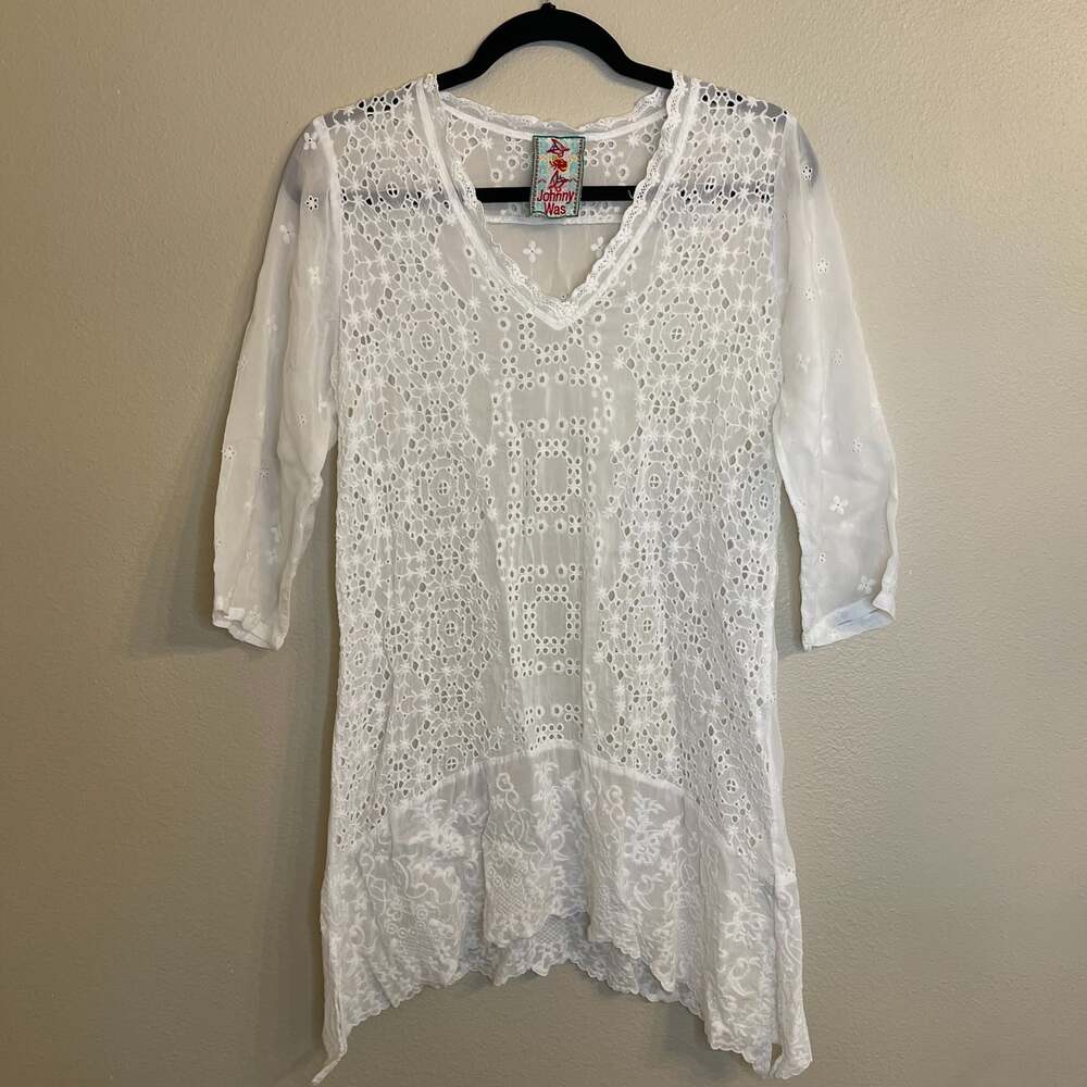 Johnny Was White Embroidered Eyelet Lace Tunic Top Boho 3/4 Sleeve Hi Low